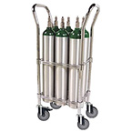 Product Image Oxygen Cylinder Cart, Holds 6 D or E Cylinders, Chrome Plated, Dual Handles, 5in Casters, 24lbs